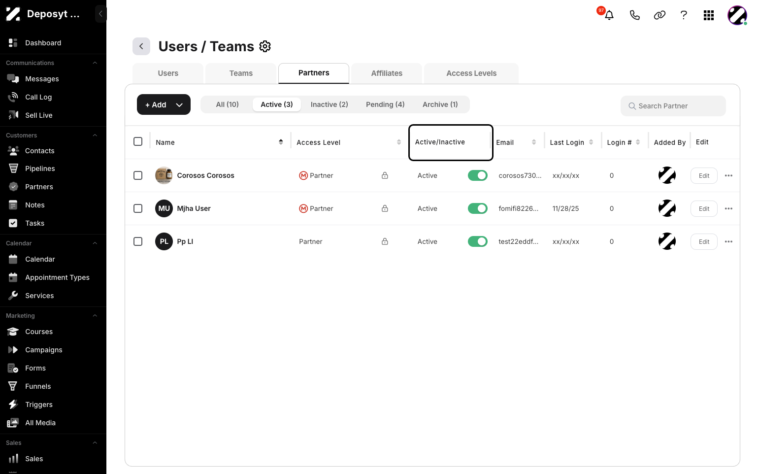 Step 5: In the Active/Inactive column, you will see toggle options to activate or deactivate the partner.