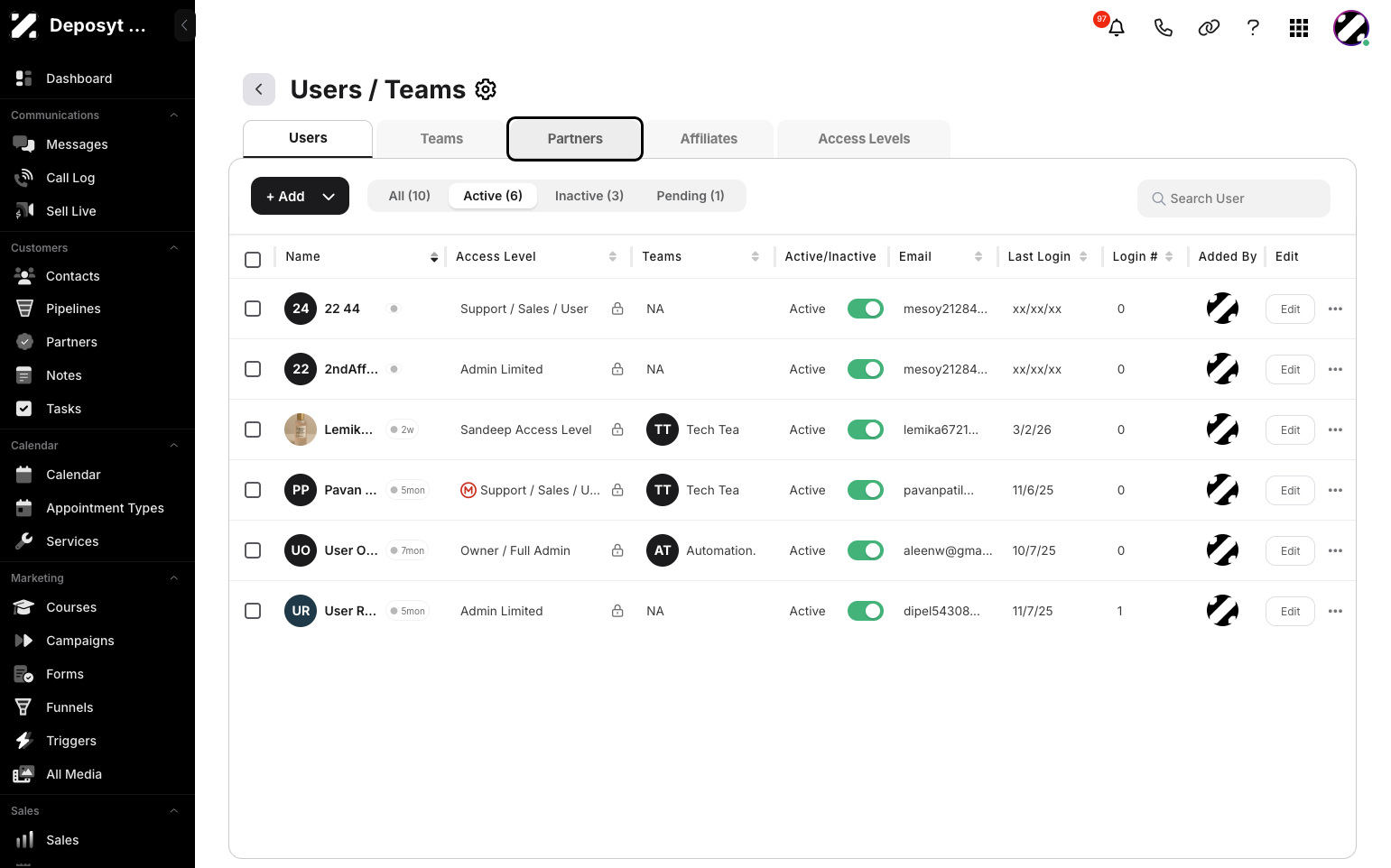 Step 4: Click on the Partners tab to view and manage the Partners section.