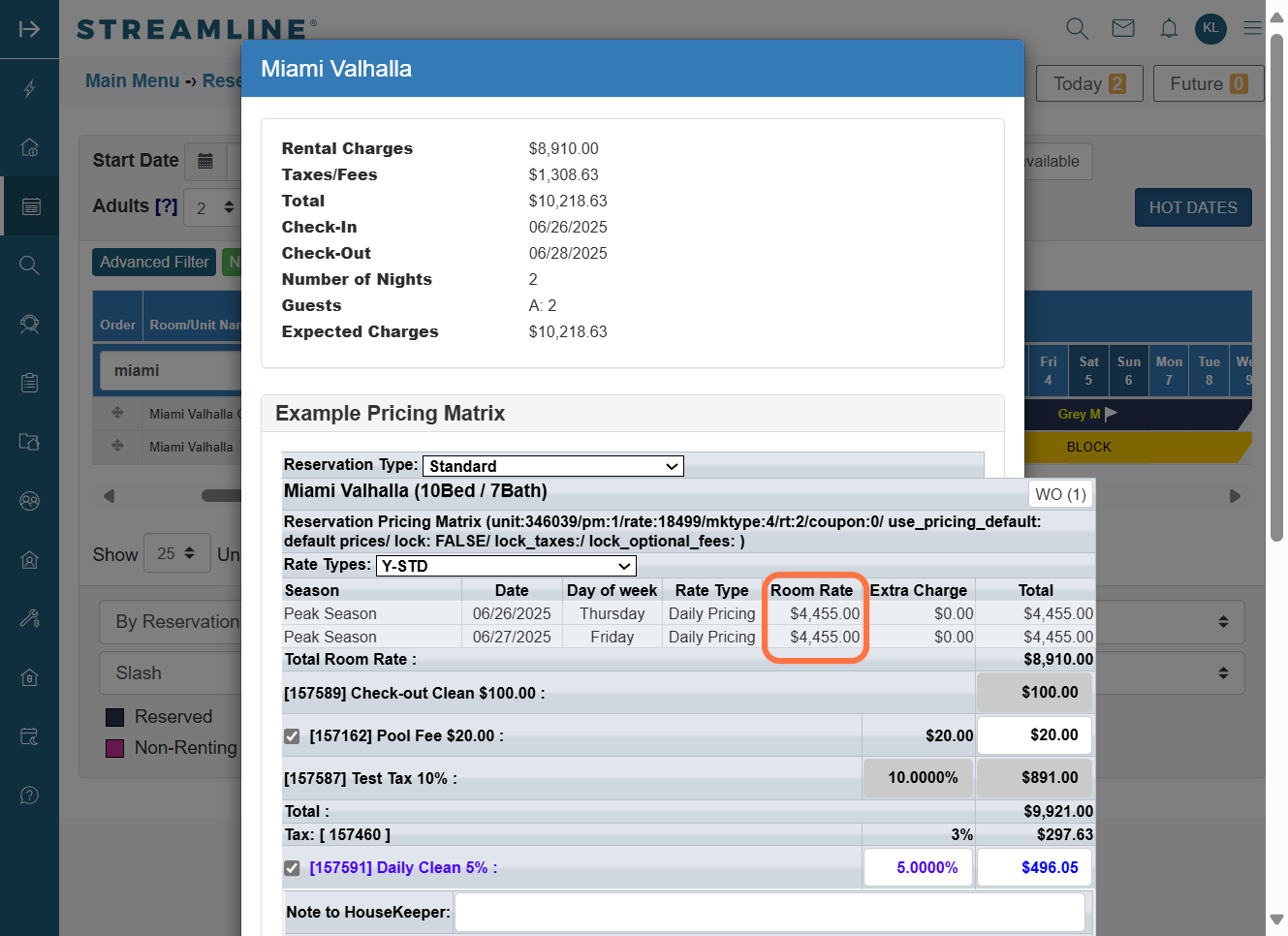 In this test booking for June 26–28, 2025, the system allowed a 2-night stay to be booked, even though a 5-night Gap Logic is active. The LOS upcharge is applied, confirming that Length of Stay Pricing overrides the Gap Logic rule in this scenario.