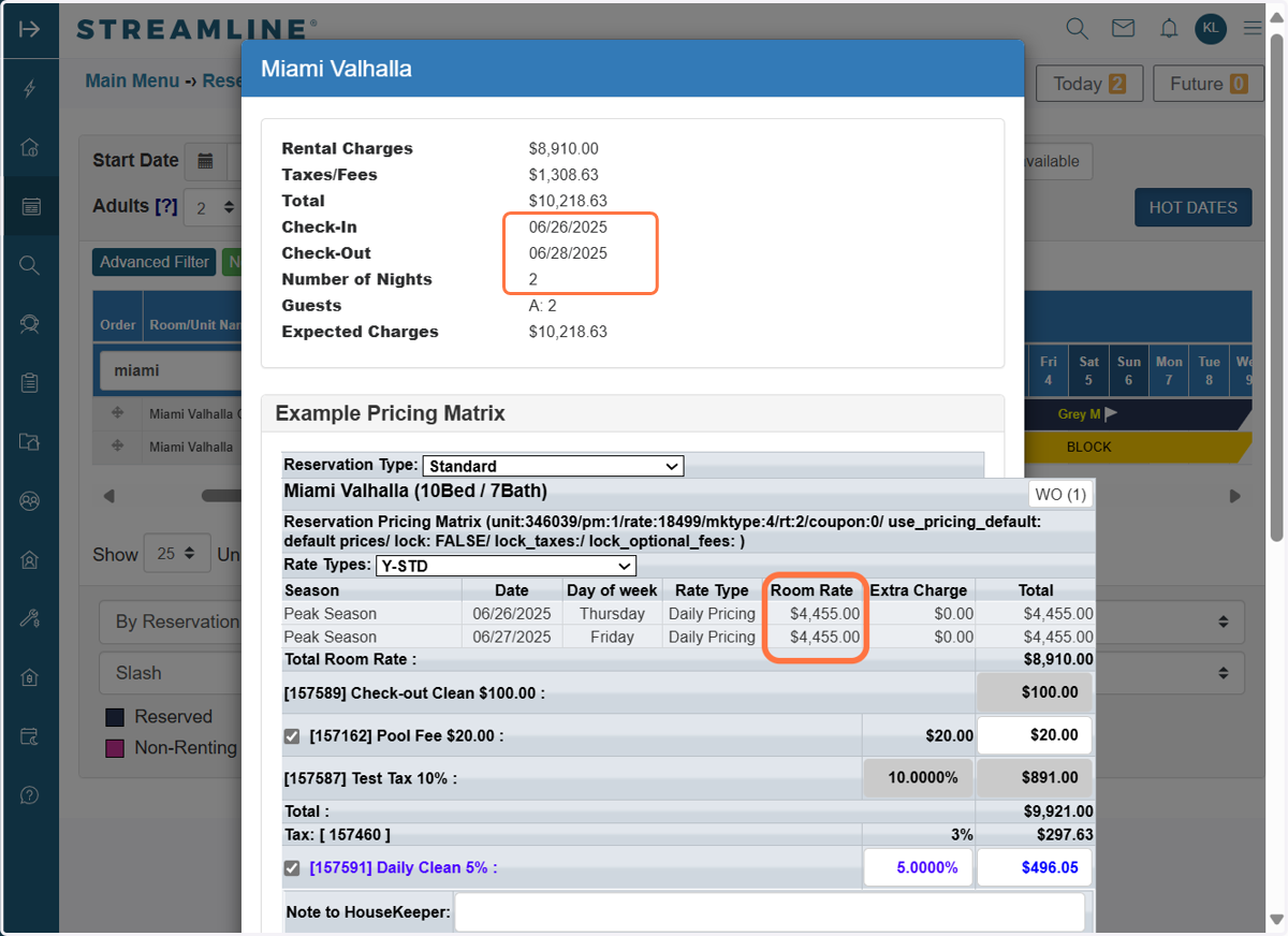 In this test booking for June 26–28, 2025, the system allowed a 2-night stay to be booked, even though a 5-night Gap Logic is active. The LOS upcharge is applied, confirming that Length of Stay Pricing overrides the Gap Logic rule in this scenario.