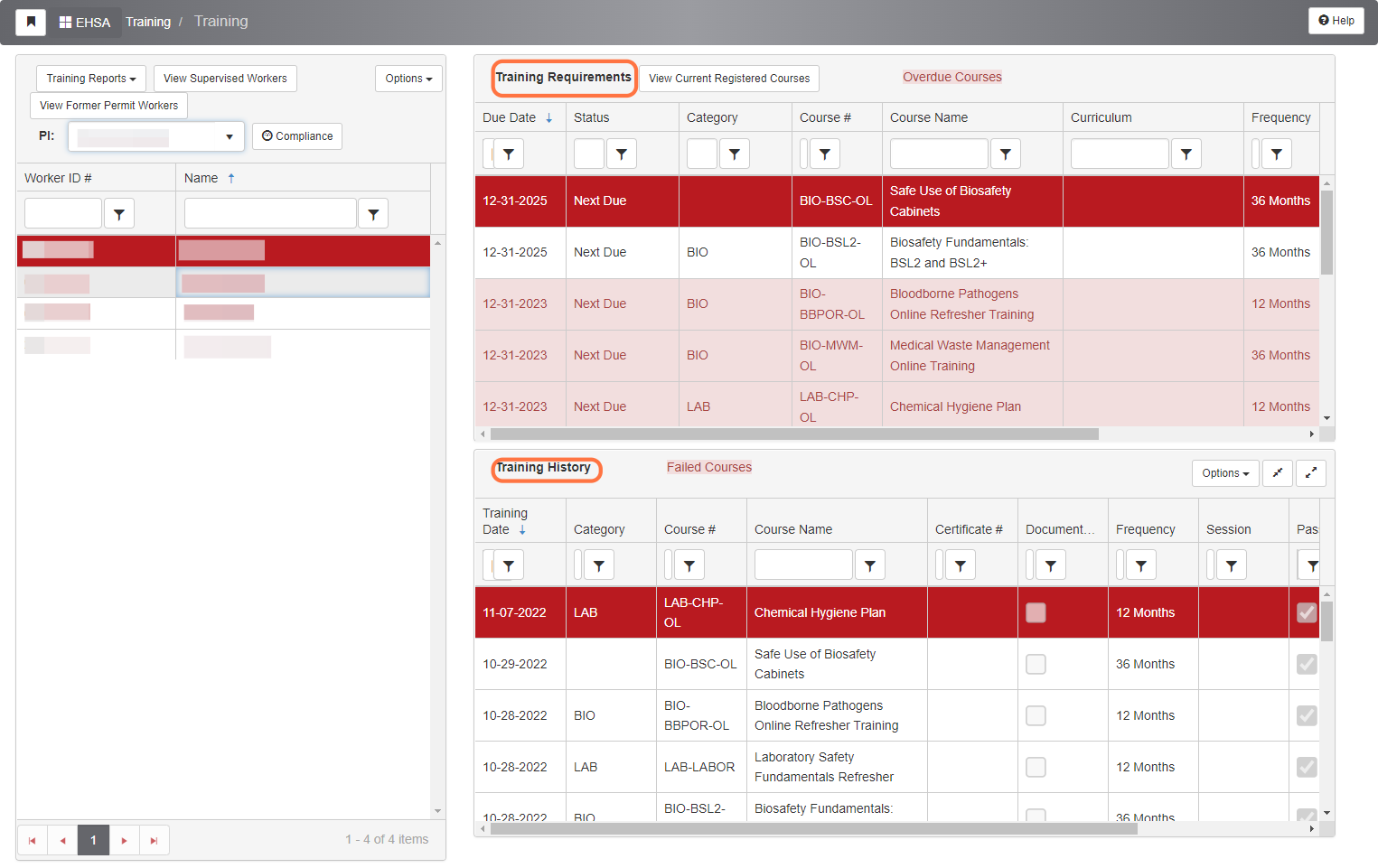 Clicking on a worker name in the "Worker Table" will populate the "Training Requirements" and "Training History" tables on the right.