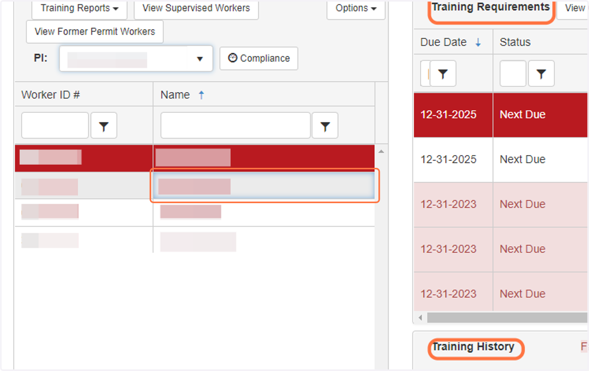 Clicking on a worker name in the "Worker Table" will populate the "Training Requirements" and "Training History" tables on the right.