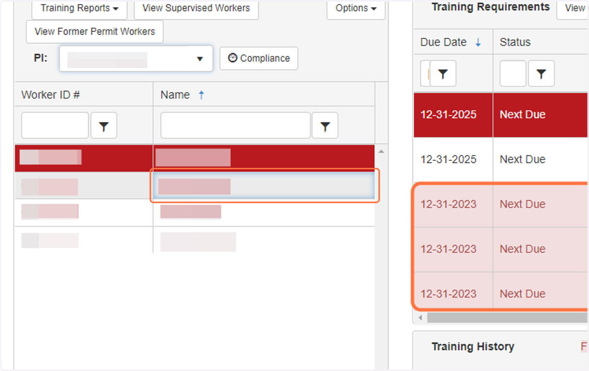 In the "Training Requirements" table, requirements that have not been met are highlighted in red with red text.