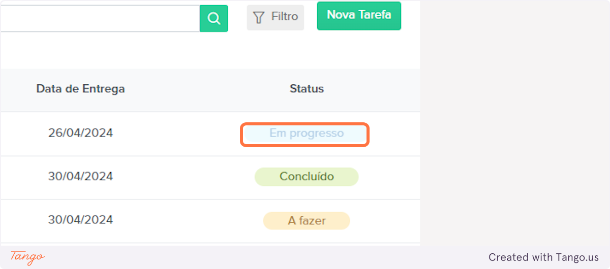Status será atualizado na tela com todas as tarefas, caso queira avançar novamente a tarefa é preciso somente seguir os mesmos passos para iniciar a tarefa, clicando no título dela