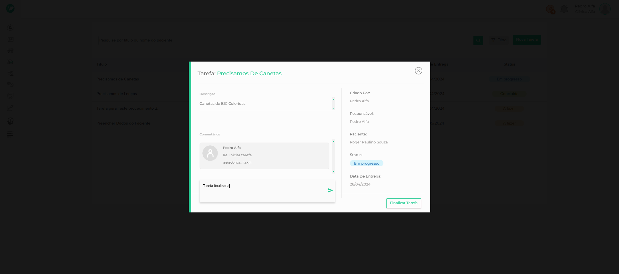 Digitando a descrição caso haja mais alguma atualização sobre a tarefa