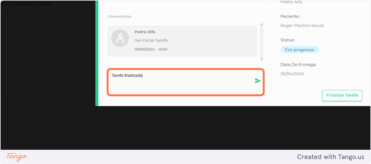 Digitando a descrição caso haja mais alguma atualização sobre a tarefa