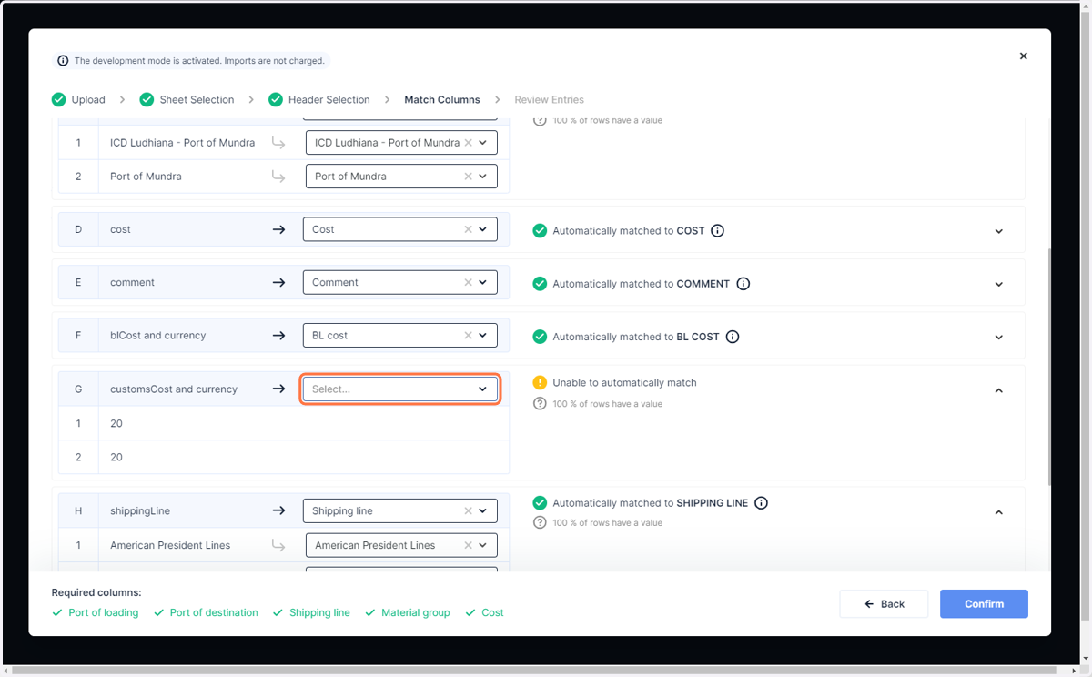 The fields will be automatically mapped based on the fields in Jules. Please ensure to manually 'match' the field if it is not matched automatically. Click on 'Confirm' once done