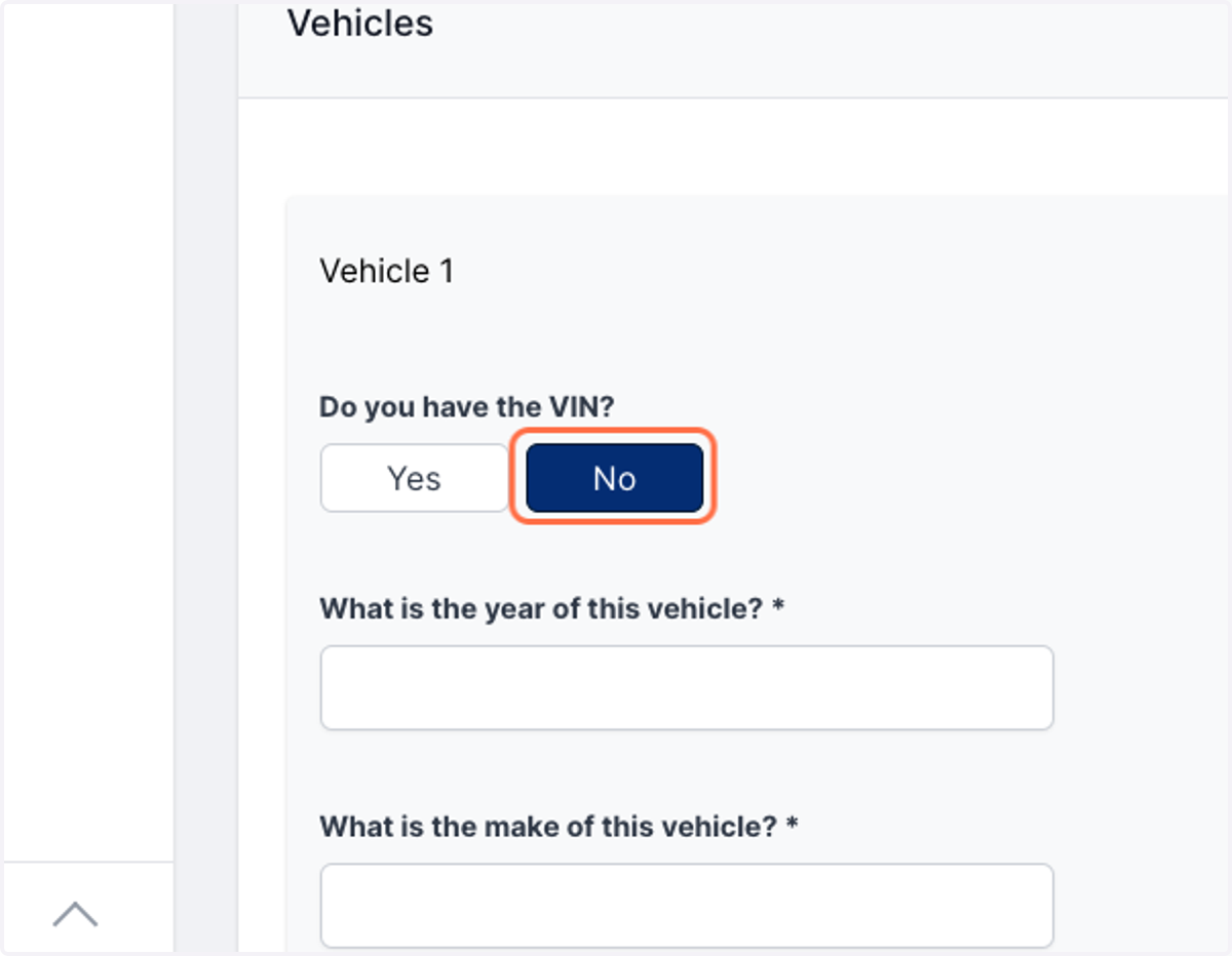 If you have the VIN, it will automatically generate the vehicle information. If you don't, no worries - we will generate one in the background for your rater based on the Year, Make, and Model