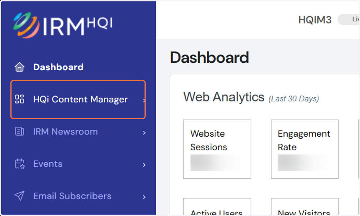 1. On your HQi dashboard, hover to the "HQi Content Manager" section