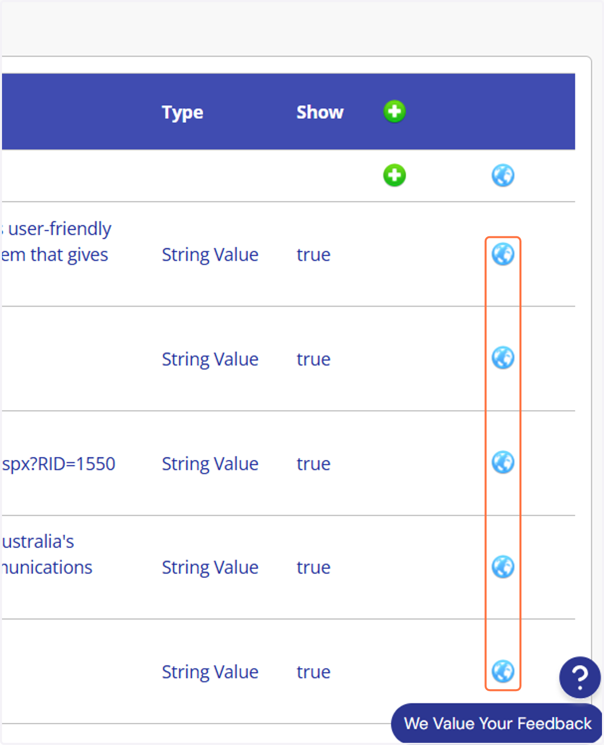 2. From there, you'll see a list of all things on your home page. By clicking on the blue-world icon next to the element you want to edit, you can change the image or text on that section.