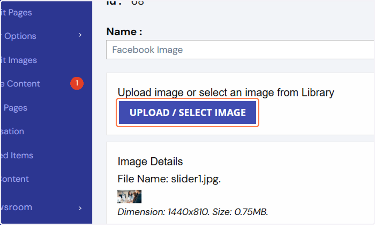 3. To change banner or promo box images, select the "Upload/Select Image".
