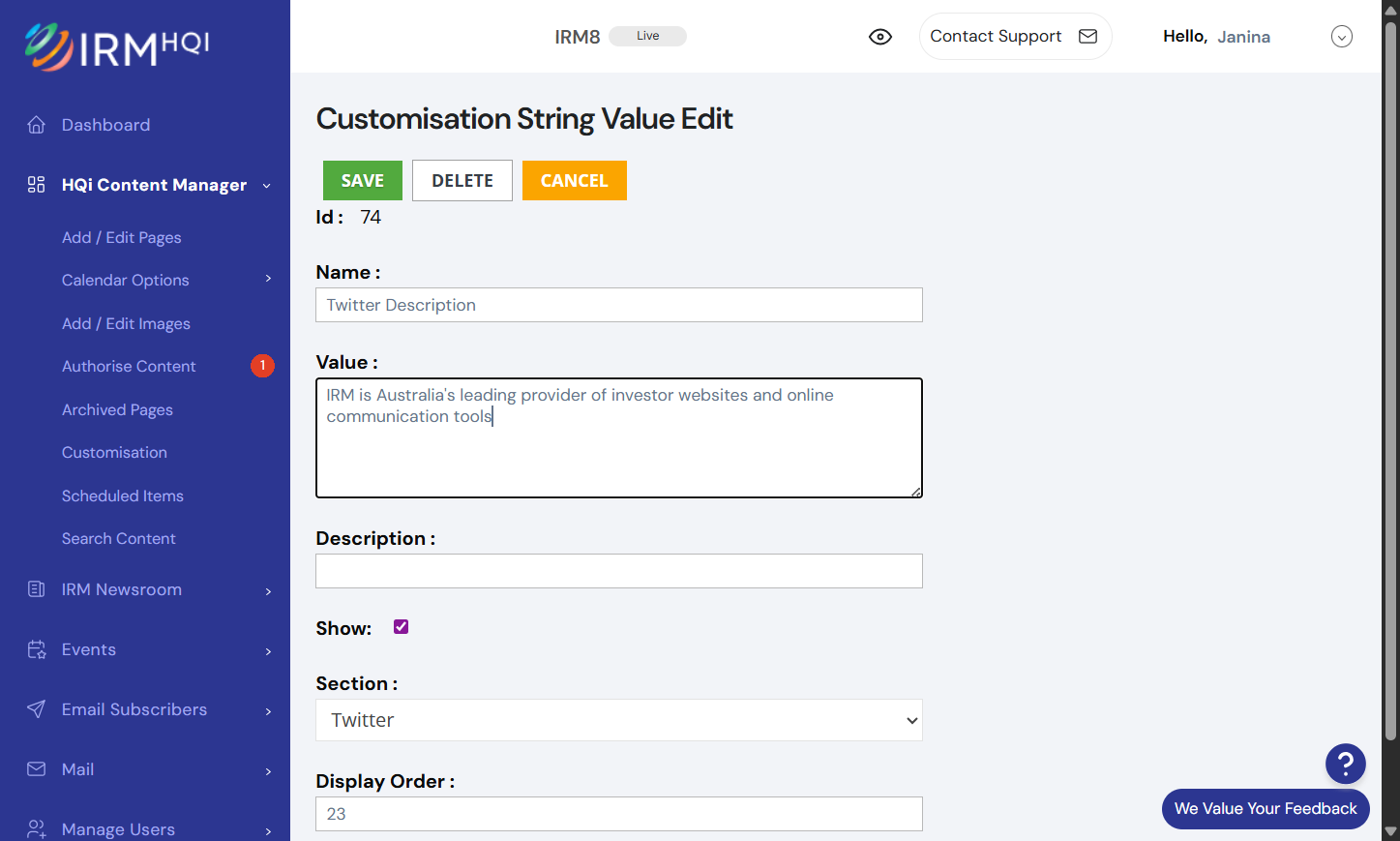 5. If you're changing content, you'll be directed to a screen (see below), after you click on the blue-world icon next to the item. This is where you input your new text in the "Value" field.