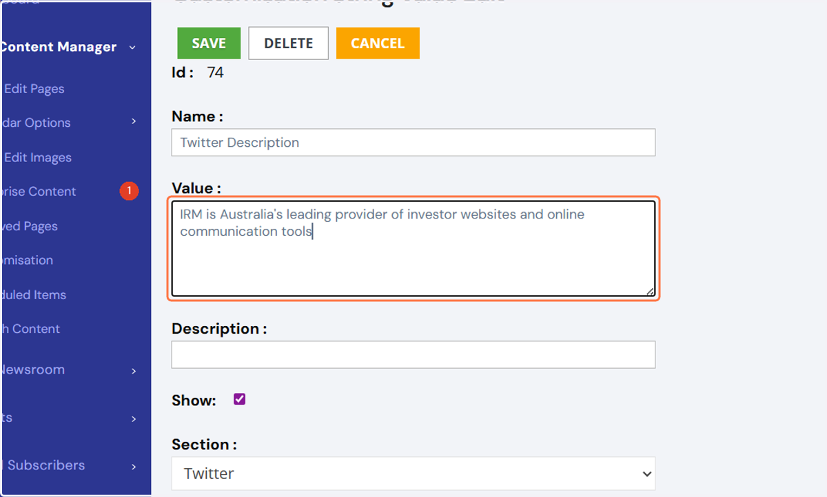 5. If you're changing content, you'll be directed to a screen (see below), after you click on the blue-world icon next to the item. This is where you input your new text in the "Value" field.