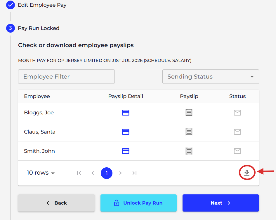 We suggest clients download all payslips before recalculating, to ensure no unexpected changes have been made to calculations.

To download all payslips, please select the download icon