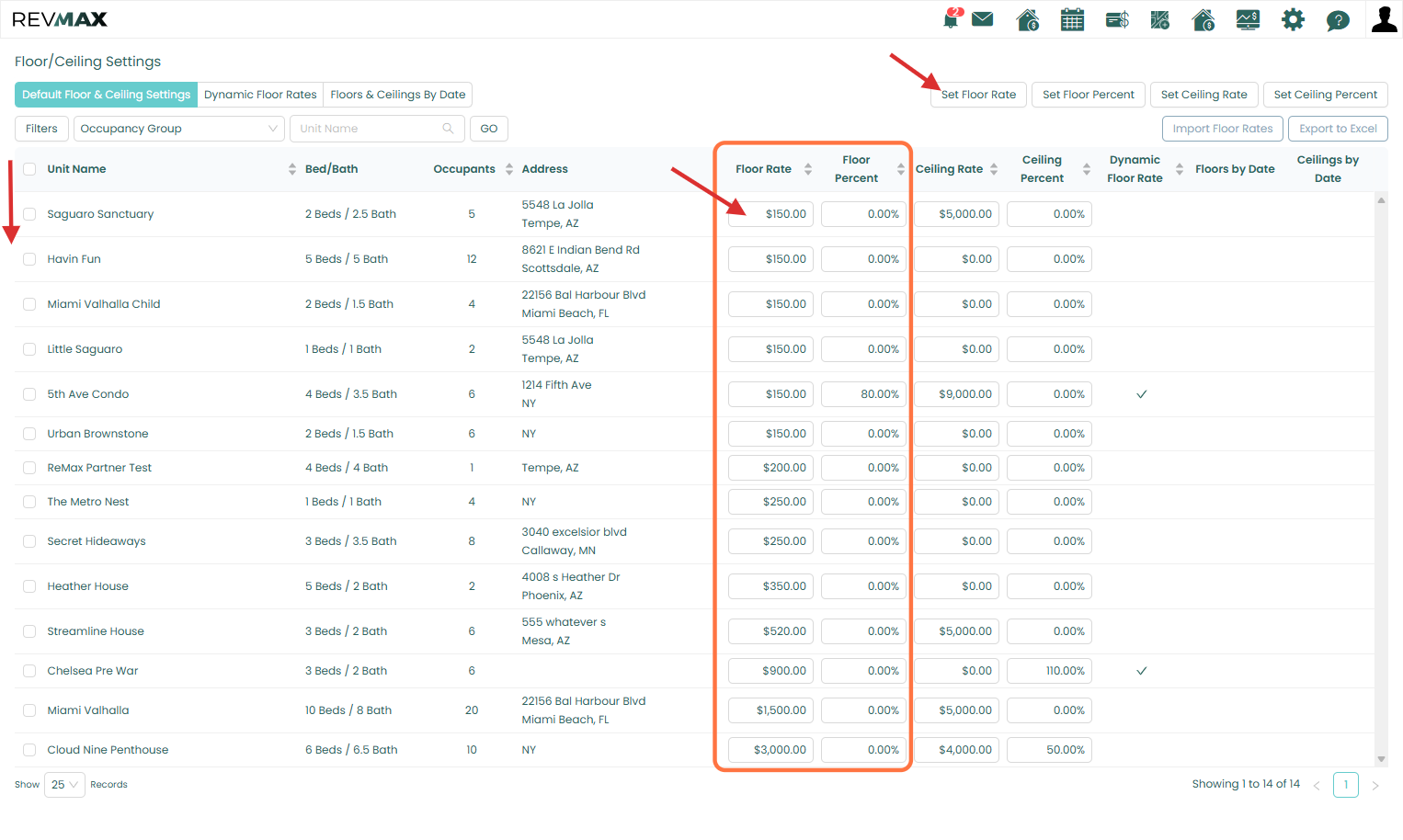 You can configure your basic Floor Rates either in bulk or for individual units through the Floor/Ceiling Settings page under Pricing Rules.