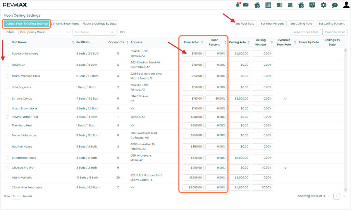You can configure your basic Floor Rates either in bulk or for individual units through the Floor/Ceiling Settings page under Pricing Rules.