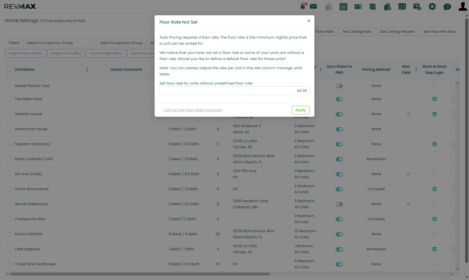 You may see an alert notifying you that certain units (including newly integrated ones from Streamline) do not yet have floor rates configured in the Home Settings page.