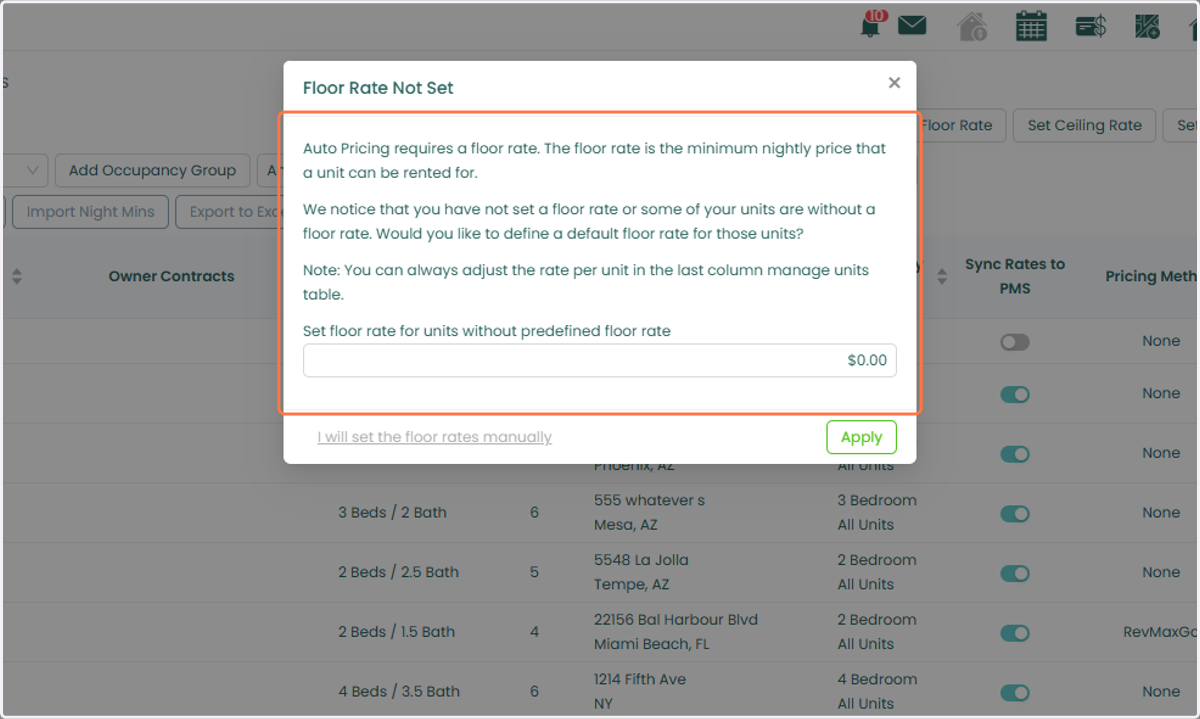 You may see an alert notifying you that certain units (including newly integrated ones from Streamline) do not yet have floor rates configured in the Home Settings page.