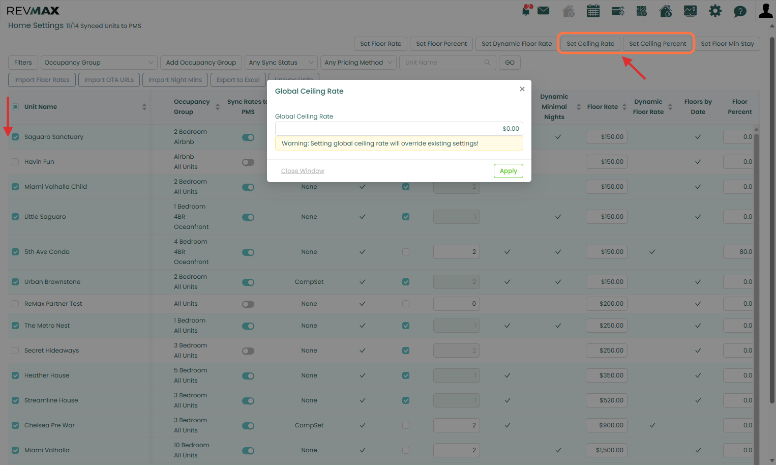You can apply Ceiling Rates in bulk through the Home Settings page, allowing you to update multiple units at once