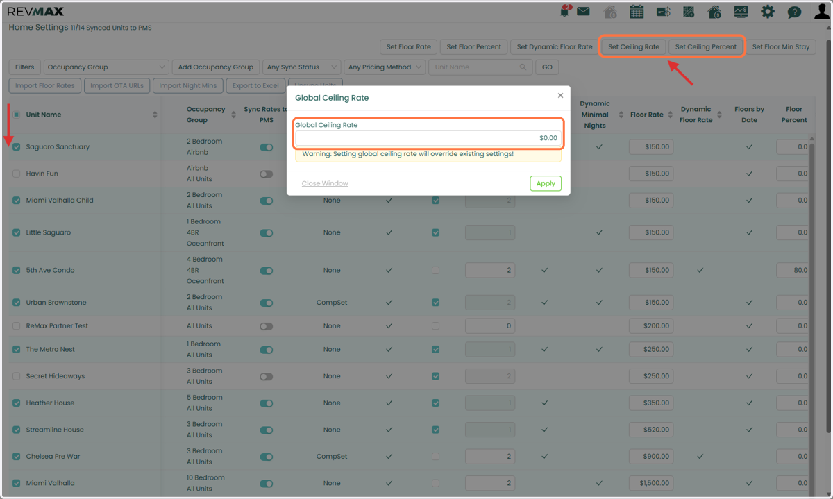 You can apply Ceiling Rates in bulk through the Home Settings page, allowing you to update multiple units at once