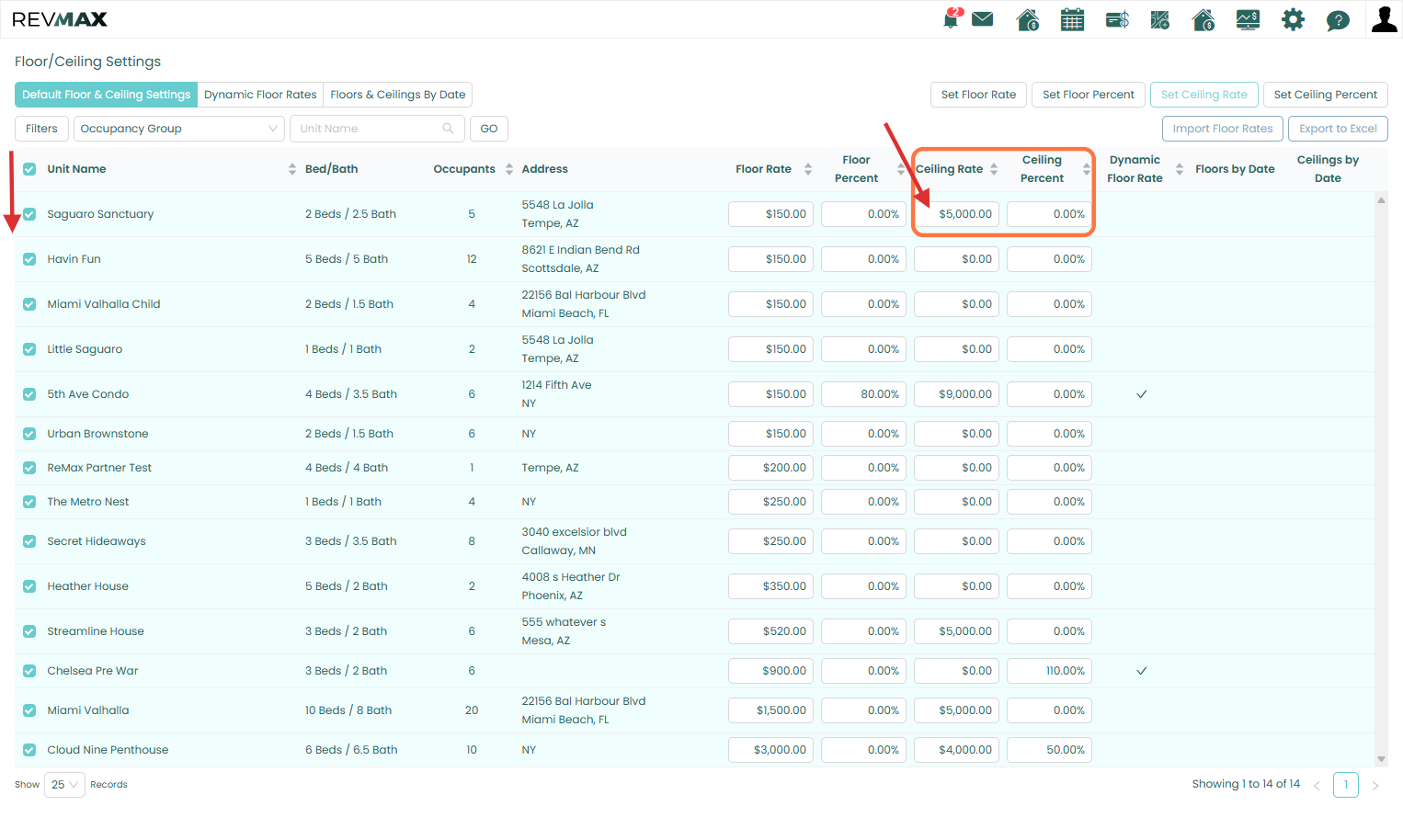 You can also manage your basic Ceiling Rates either in bulk or on a per-unit basis through the Floor/Ceiling Settings page, giving you flexibility to update multiple properties or make changes to individual units as needed.