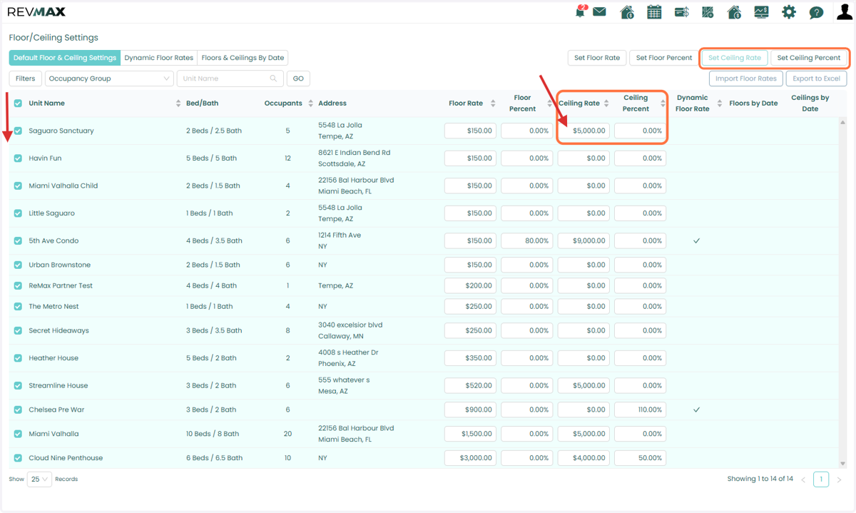 You can also manage your basic Ceiling Rates either in bulk or on a per-unit basis through the Floor/Ceiling Settings page, giving you flexibility to update multiple properties or make changes to individual units as needed.
