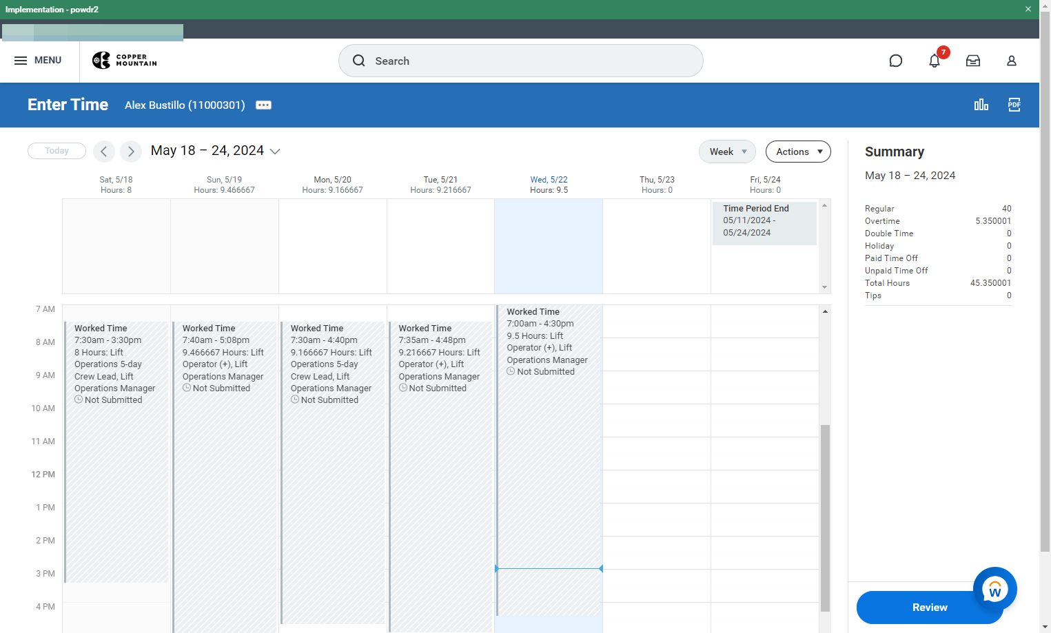 If you wish to closely review daily totals, you may click directly into the daily time block