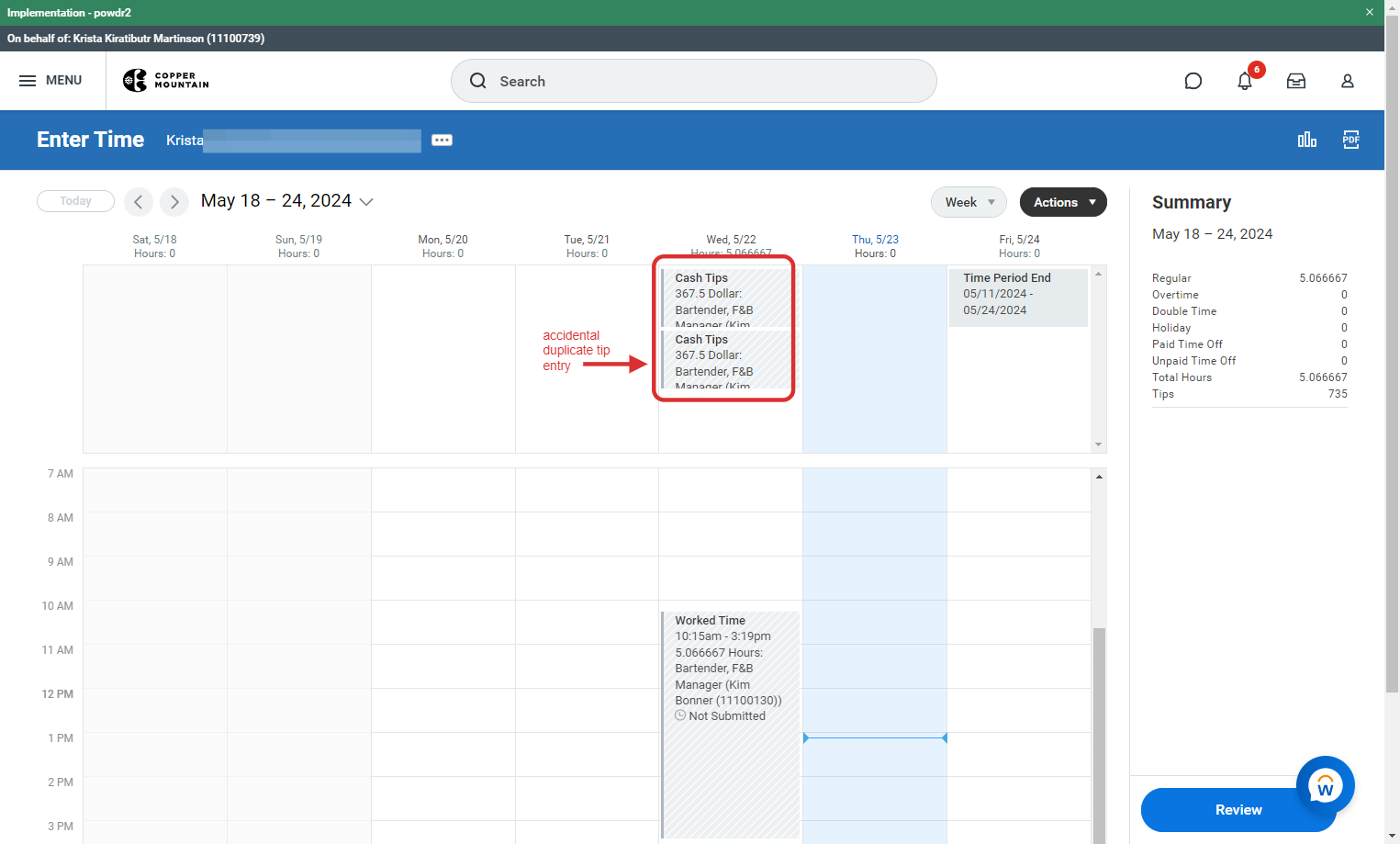 Within the Enter Time workspace, click on Actions