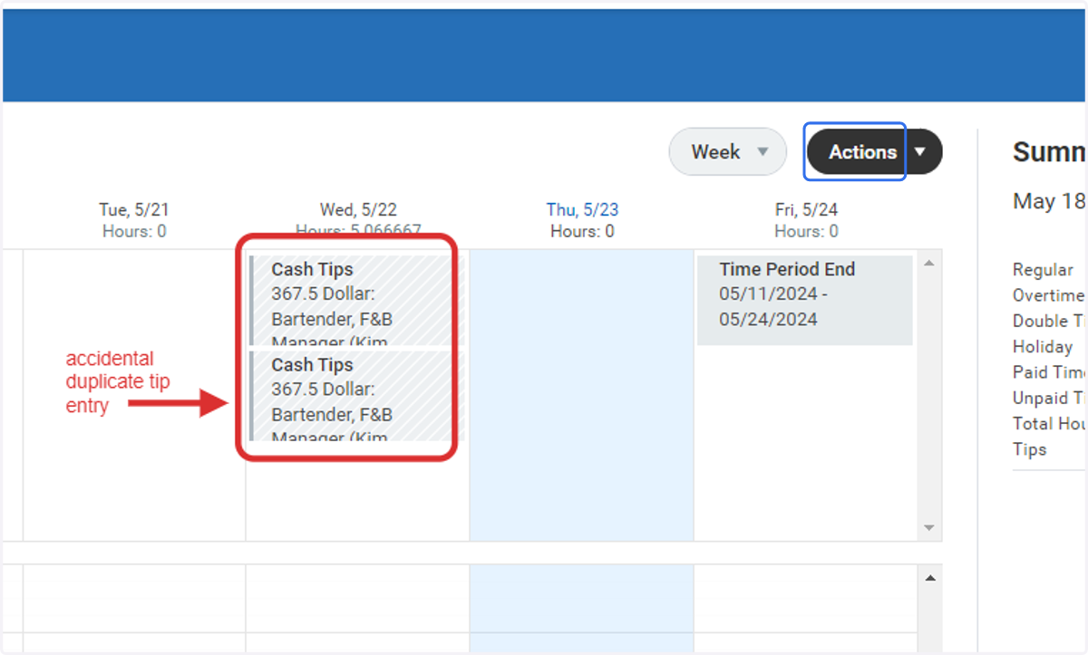 Within the Enter Time workspace, click on Actions