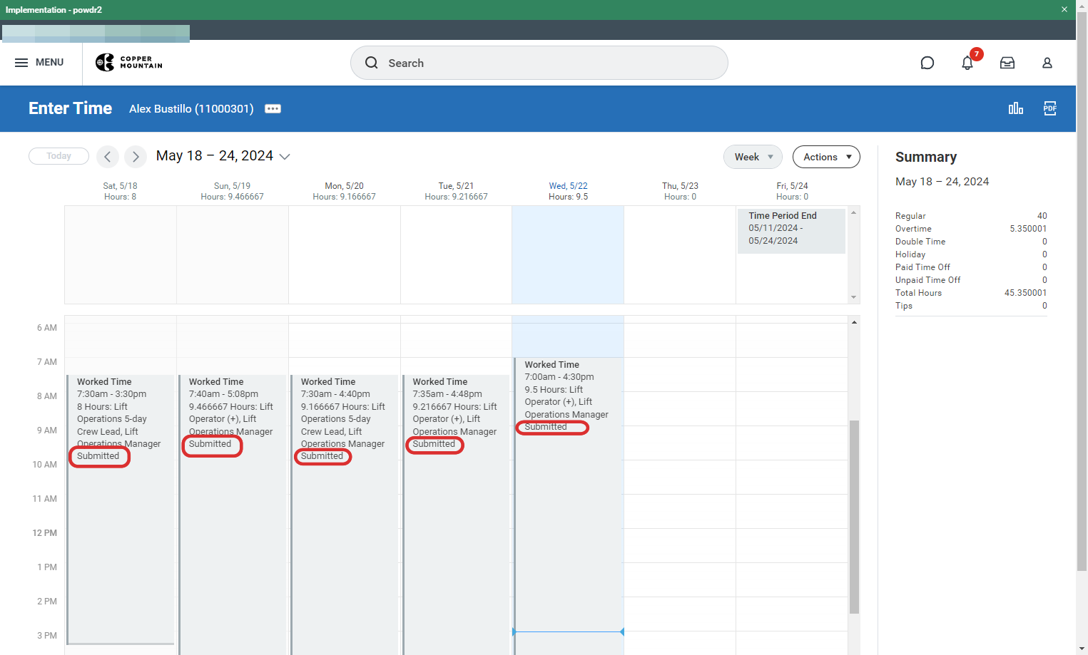 Your timeblock will now show the current status of your time as submitted!