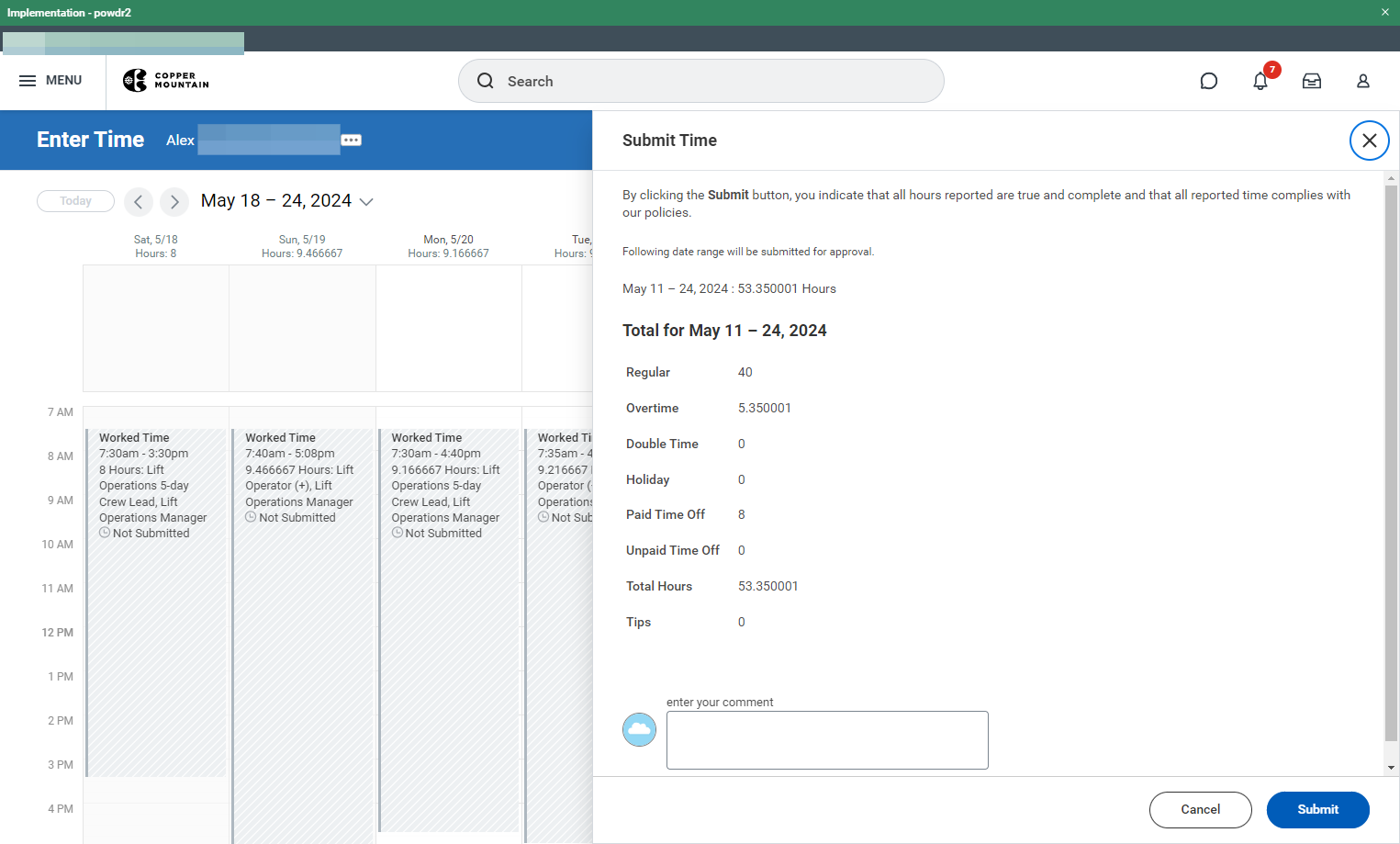 Read the attestation, then click on Submit. This will forward your reviewed timesheet to your Manager/Timekeeper for payroll processing.