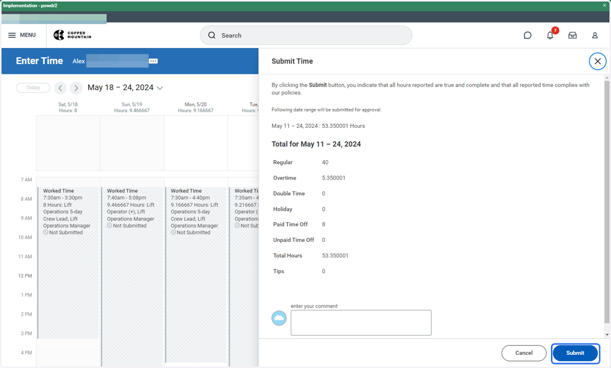 Read the attestation, then click on Submit. This will forward your reviewed timesheet to your Manager/Timekeeper for payroll processing.