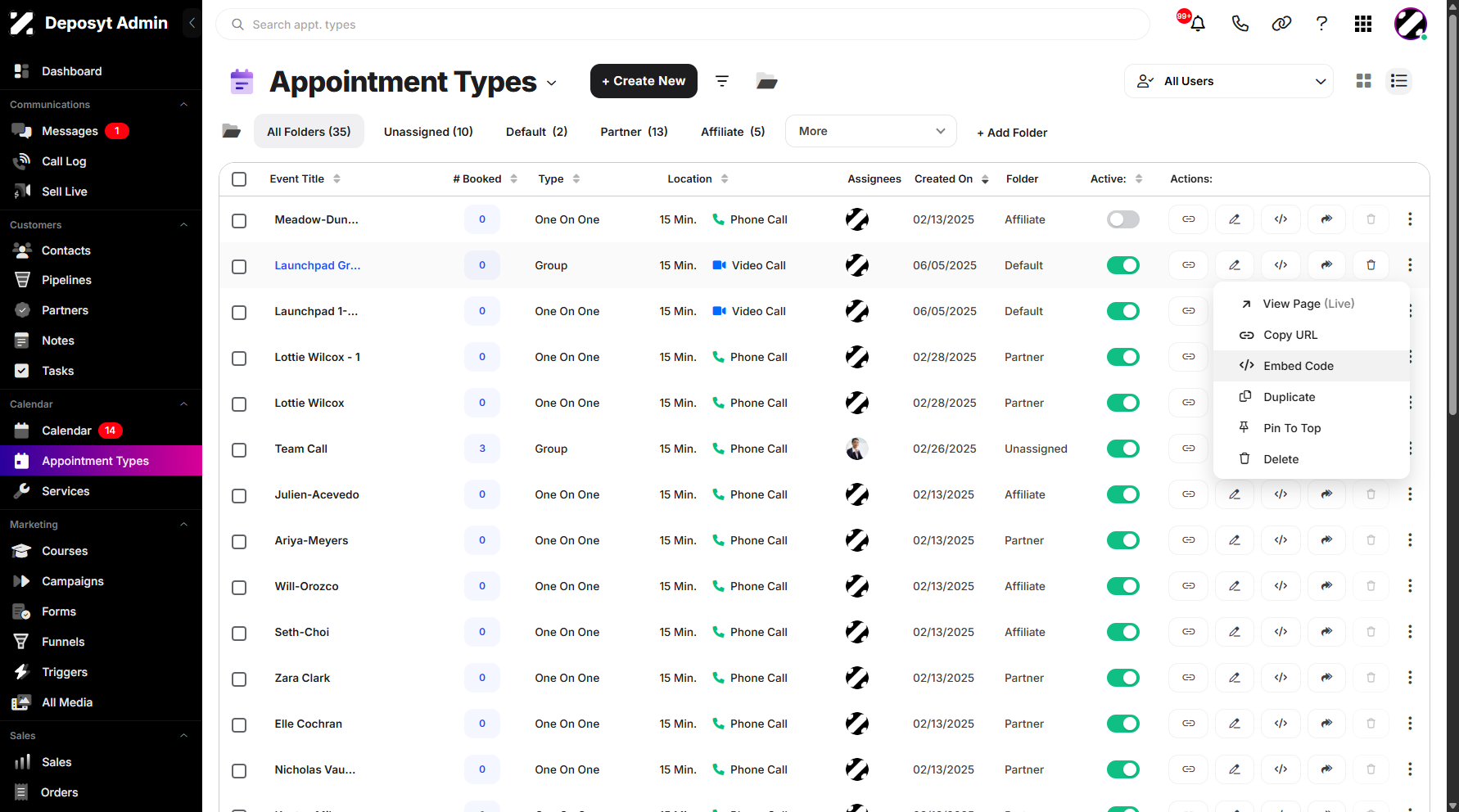 Step 7: A three-dot menu contains View Page, Copy URL, Embed Code, Share, Duplicate, Pin to Top, and Delete actions. These features allow you to perform instant actions.