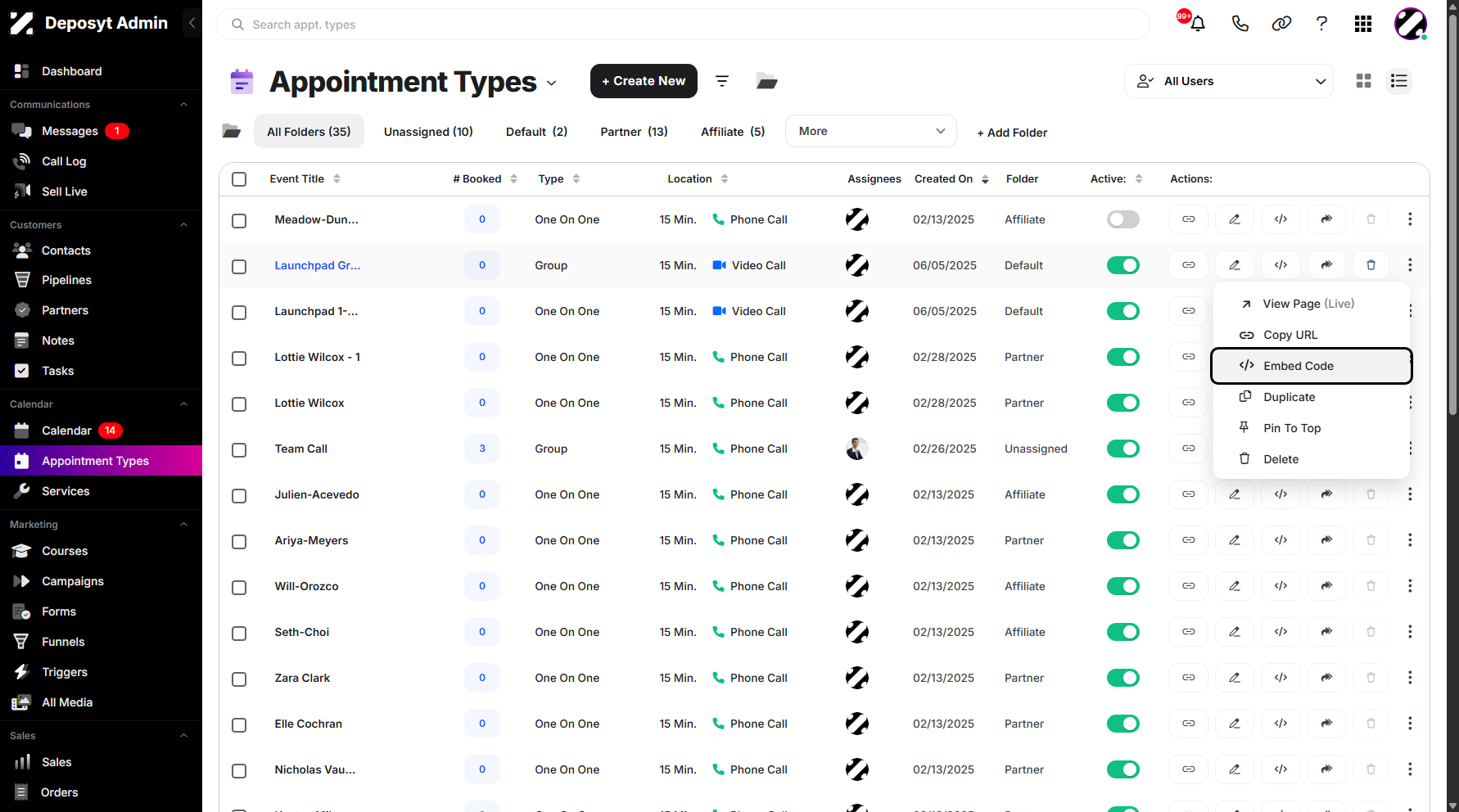 Step 7: A three-dot menu contains View Page, Copy URL, Embed Code, Share, Duplicate, Pin to Top, and Delete actions. These features allow you to perform instant actions.