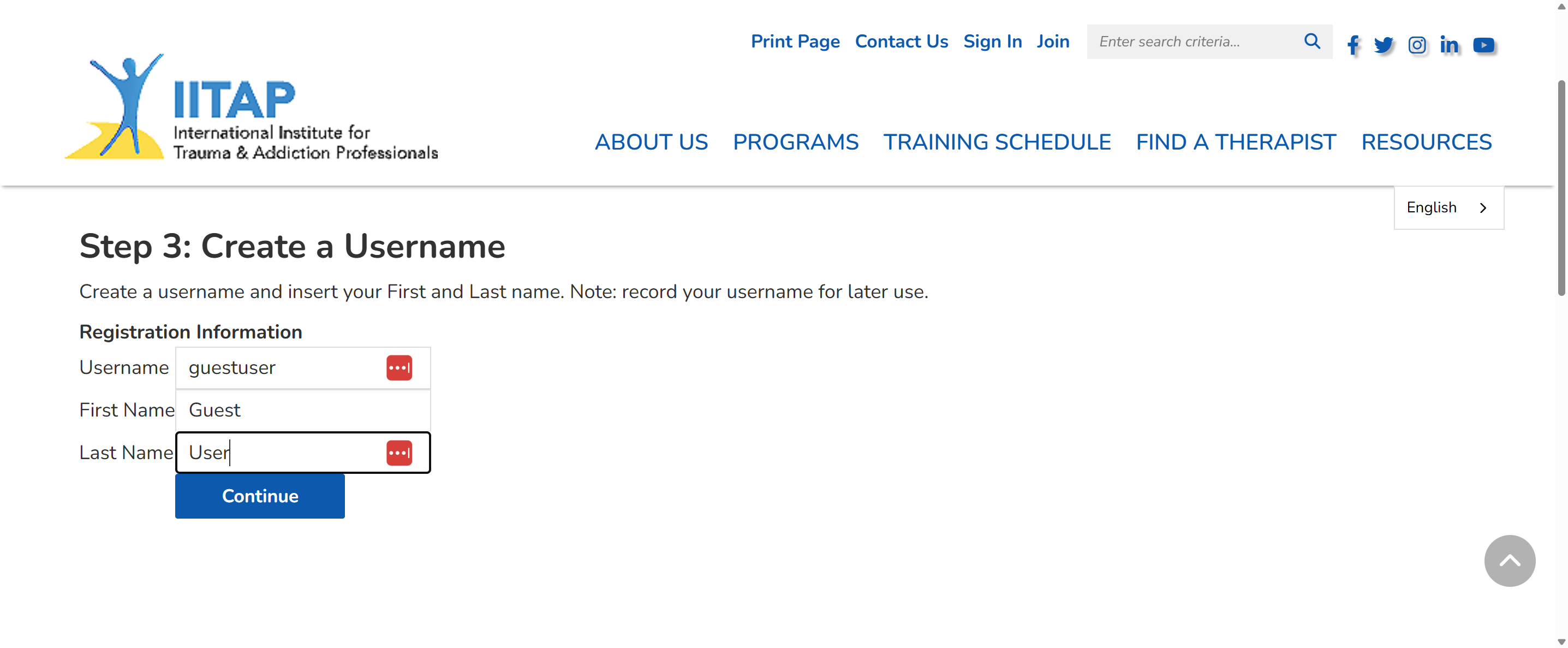 A. Type a username in text field B. Type your first name in text field C. Type your last name in text field