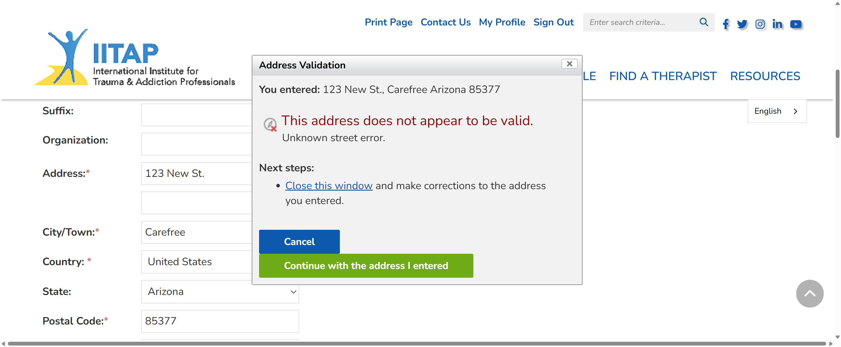 Click on Continue with the address I entered