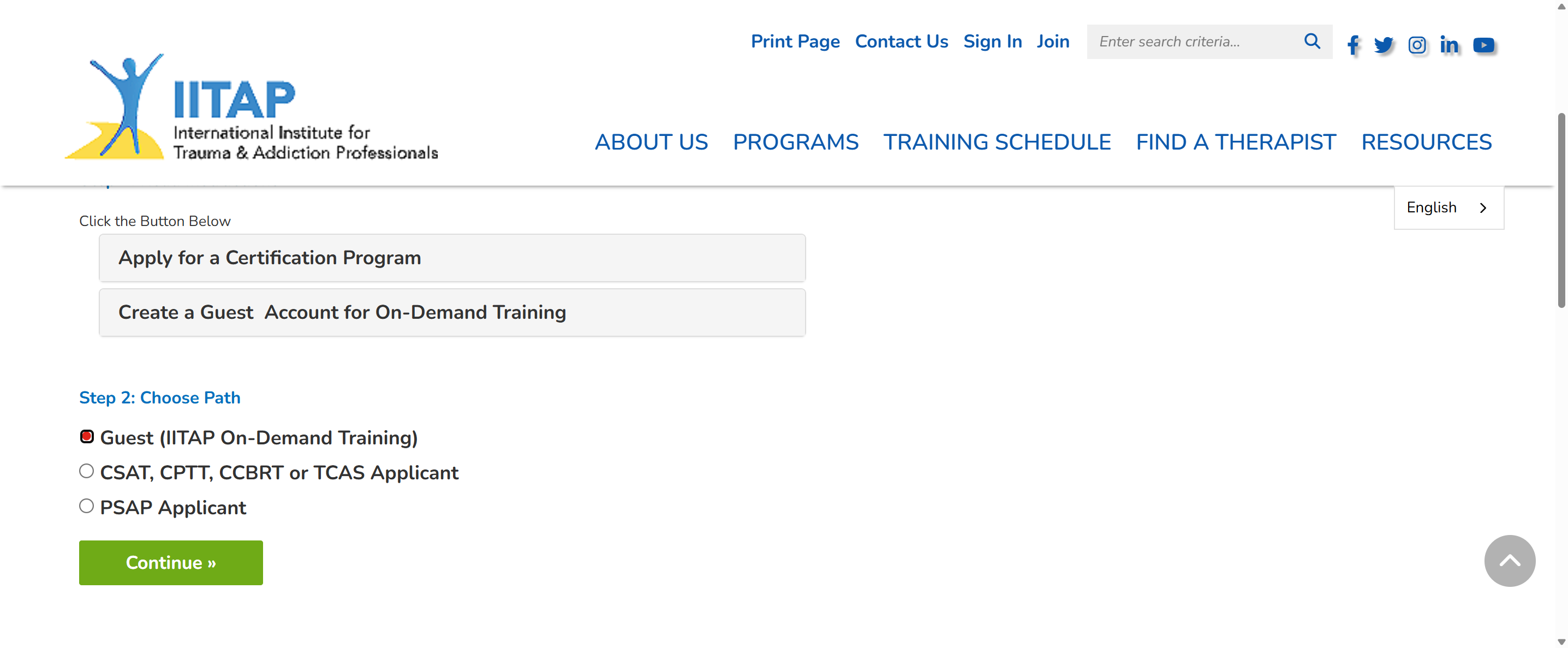 A. Click on Create a Guest Account for On-Demand Training B. Select Guest C. Click on Continue »