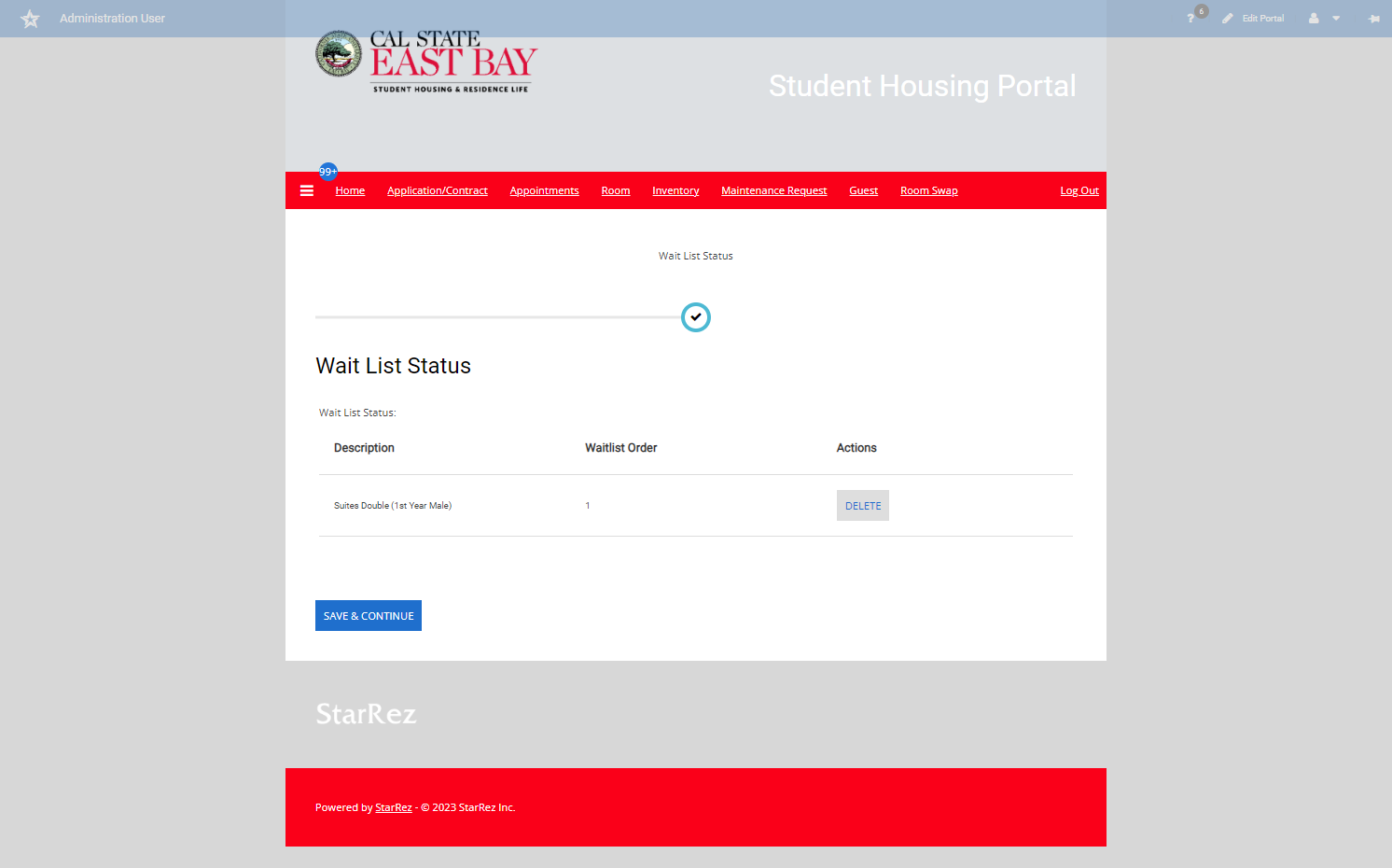 Click on Delete from Wait list. WaitListOrder: 1. Description: Suites Double (1st Year Male).