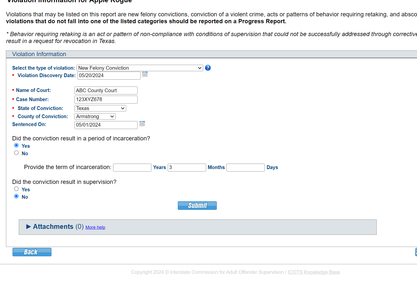 Violation Discovery Date should reference the date your state determined the new conviction should require retaking. Provide details regarding the sentence prior to proceeding.