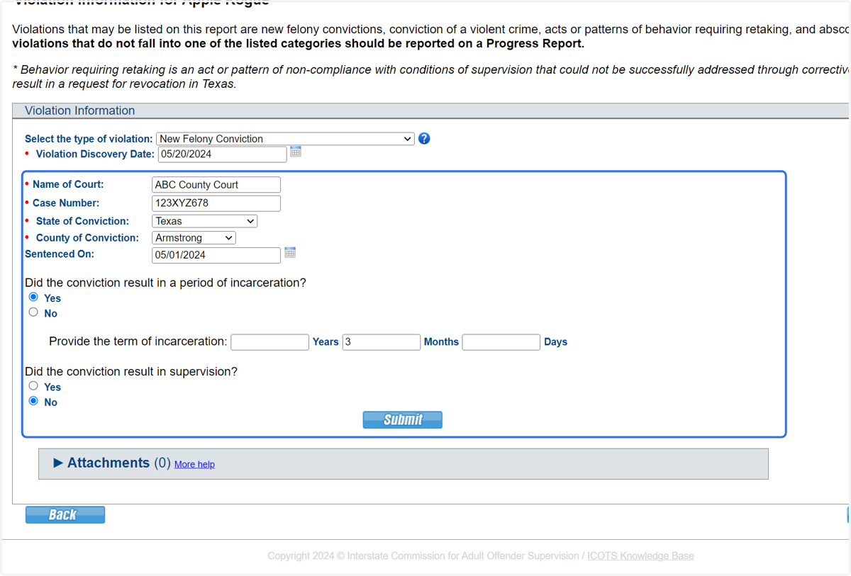 Violation Discovery Date should reference the date your state determined the new conviction should require retaking. Provide details regarding the sentence prior to proceeding.