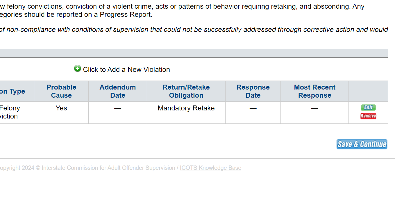 Review Violation Overview, then 'Save & Continue' to proceed.