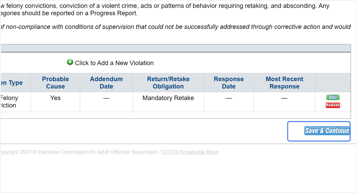 Review Violation Overview, then 'Save & Continue' to proceed.
