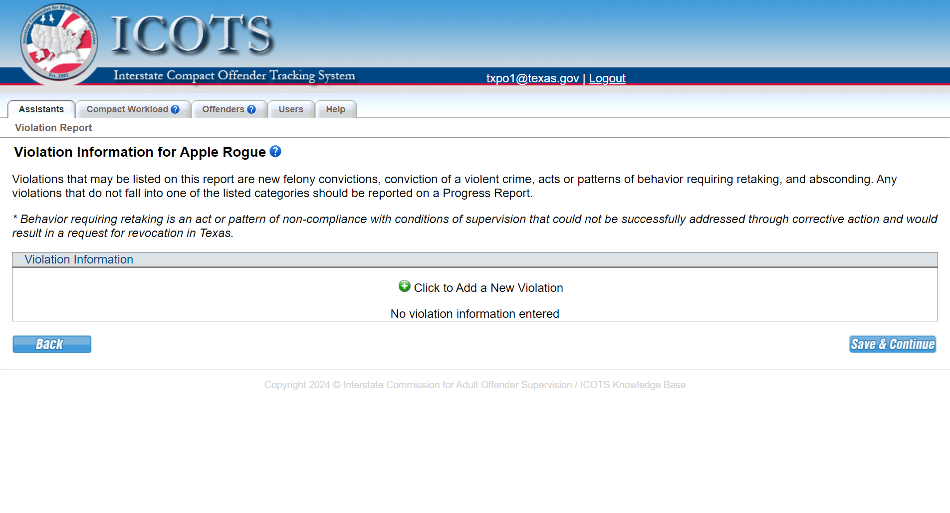 Click to Add a New Violation to the Violation Report