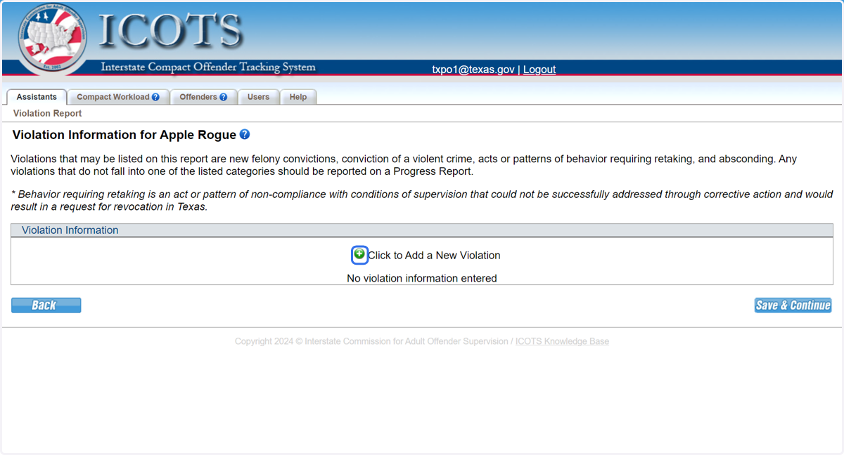 Click to Add a New Violation to the Violation Report