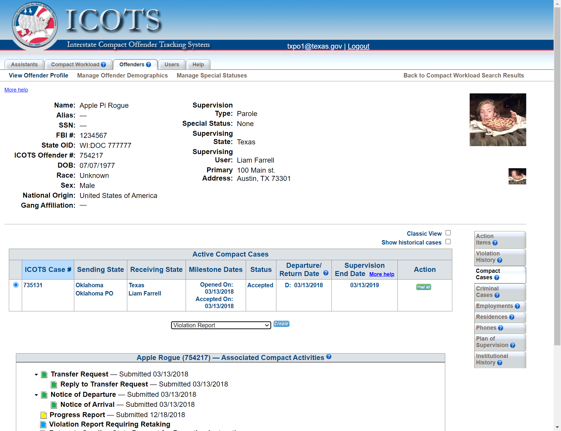 From the Profile Compact Cases tab create the Violation Report Requiring Retaking