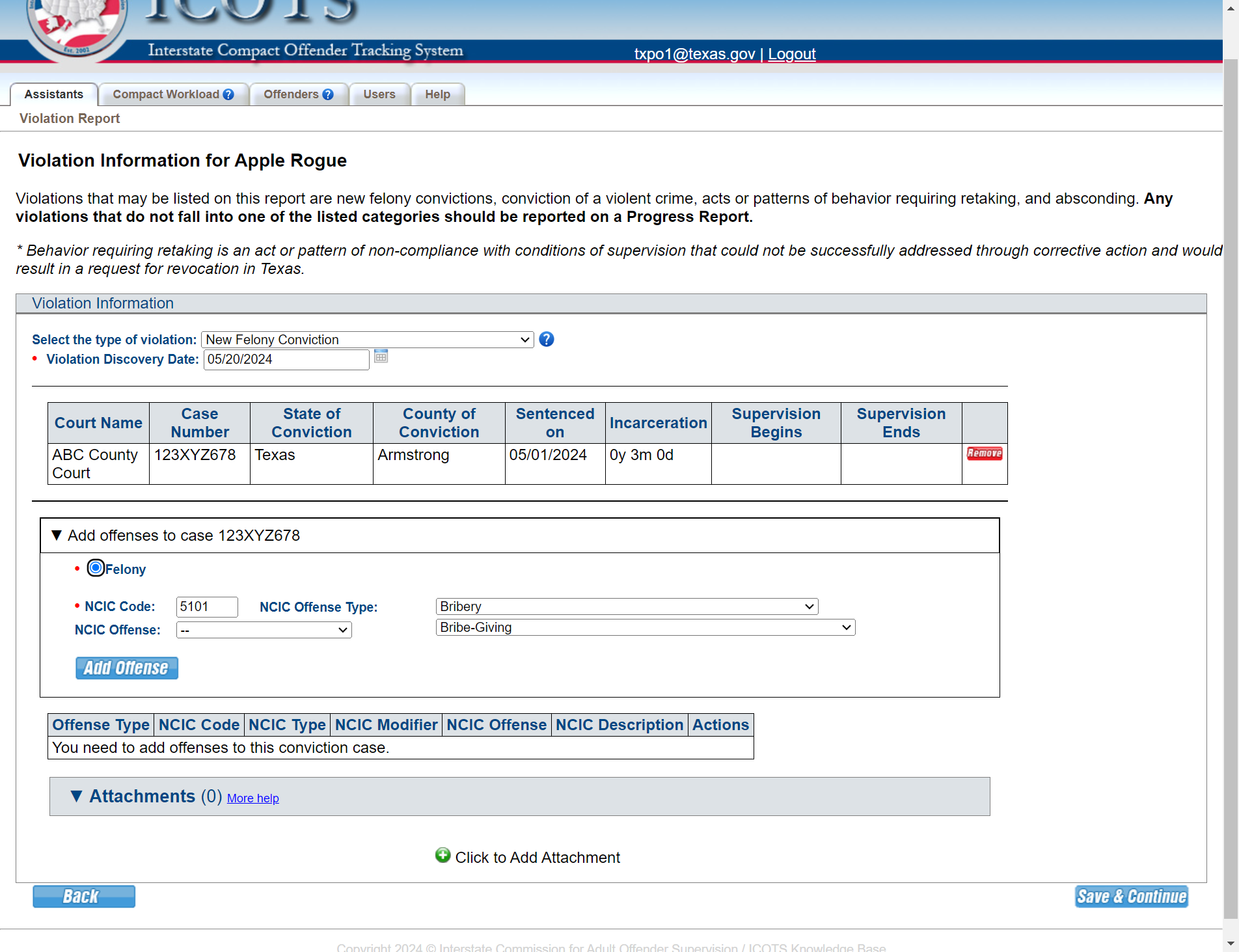 Select 'Felony' and provide offense information