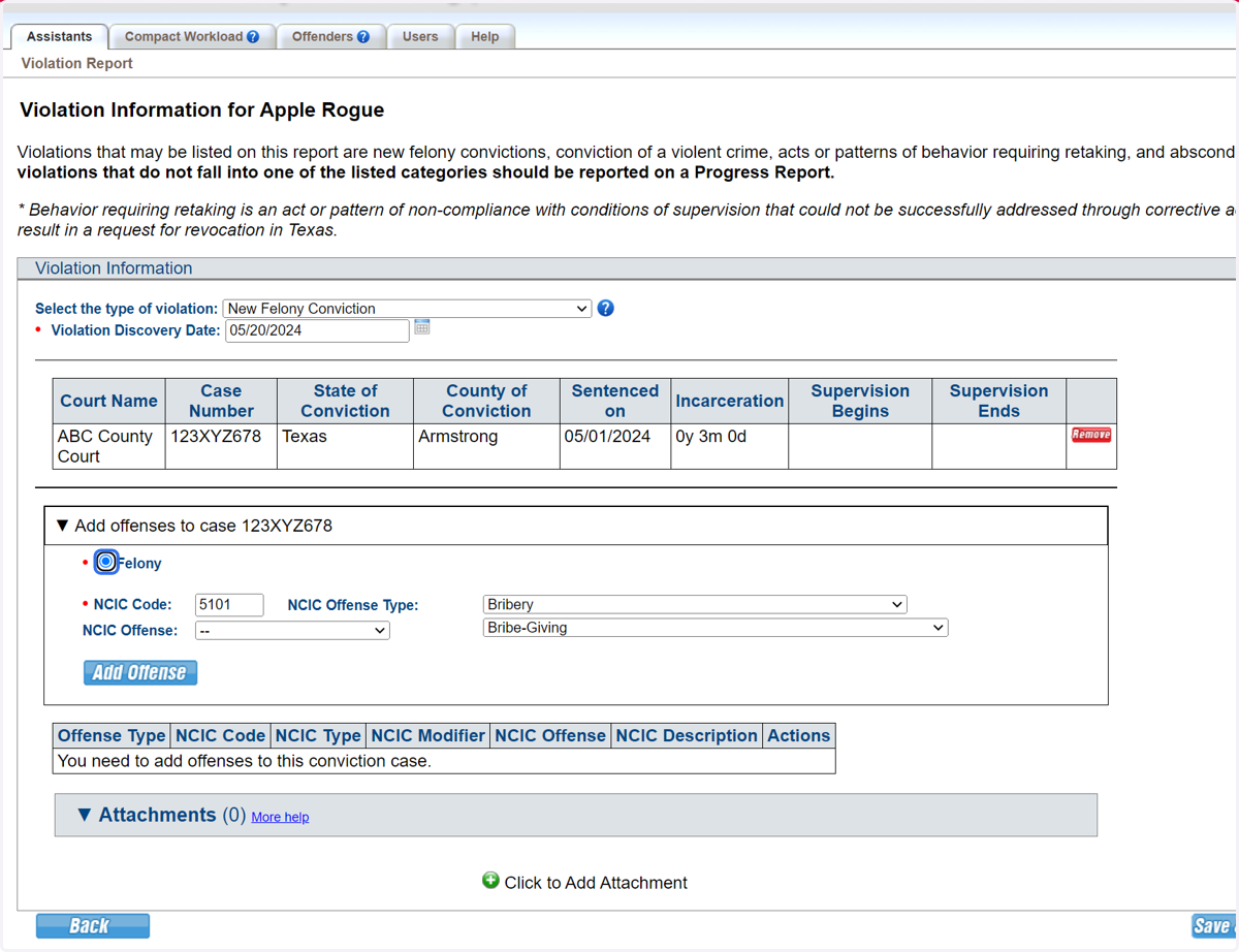 Select 'Felony' and provide offense information