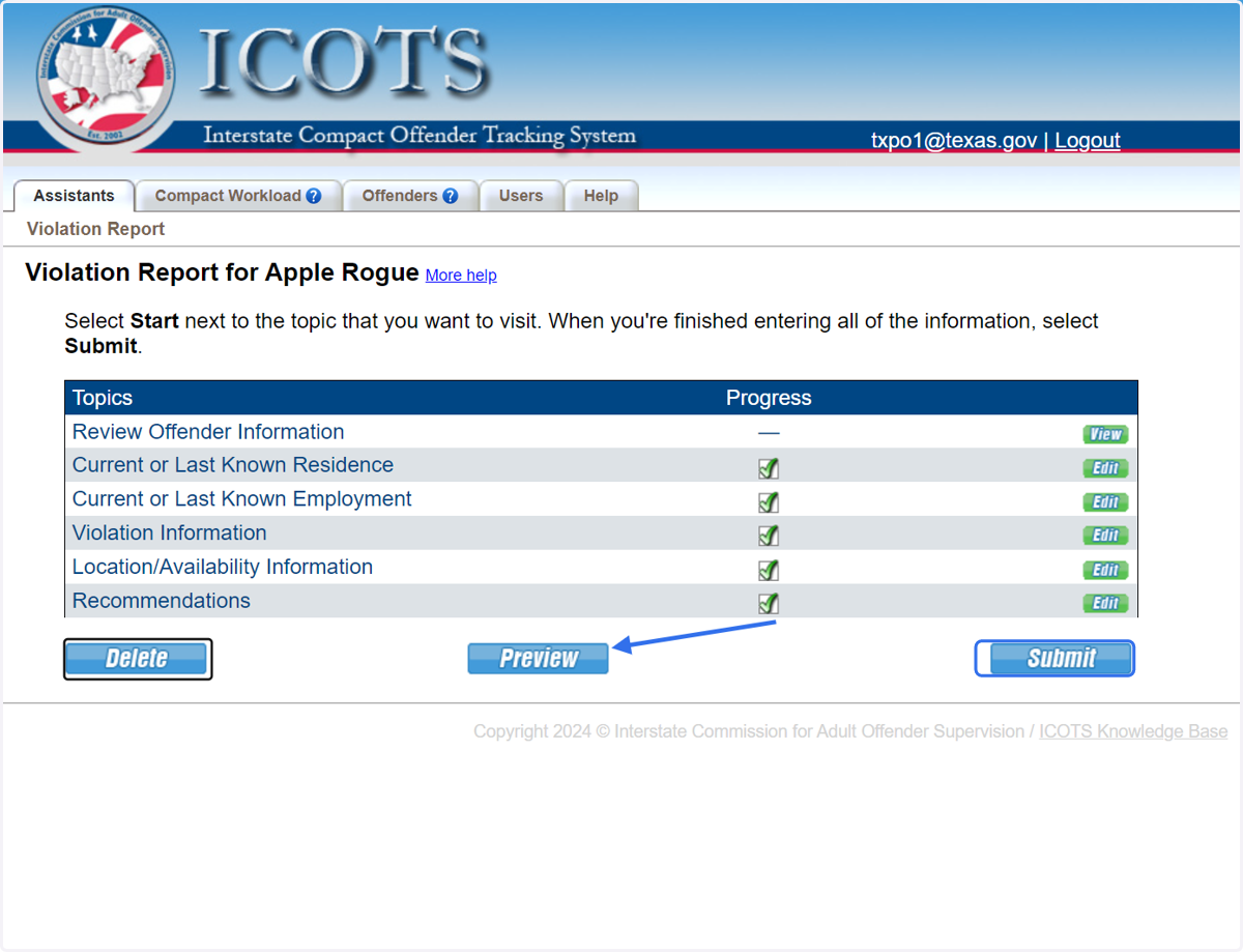Be sure to preview the Violation Report to view how it will be saved and display in ICOTS. When completed, click 'Submit.'