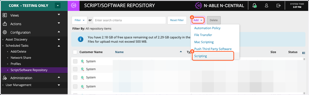 A. Click on Add B. Click on Scripting