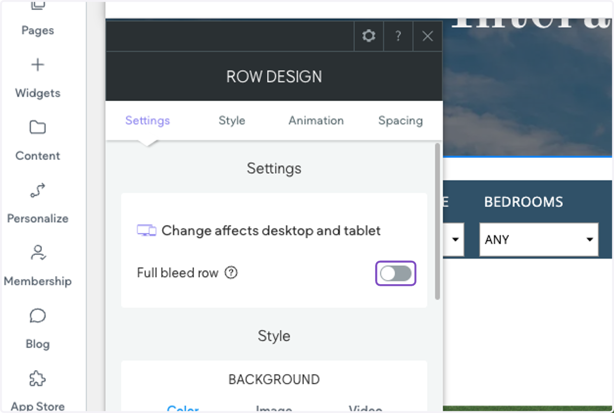 Toggle Full Bleed Row to on